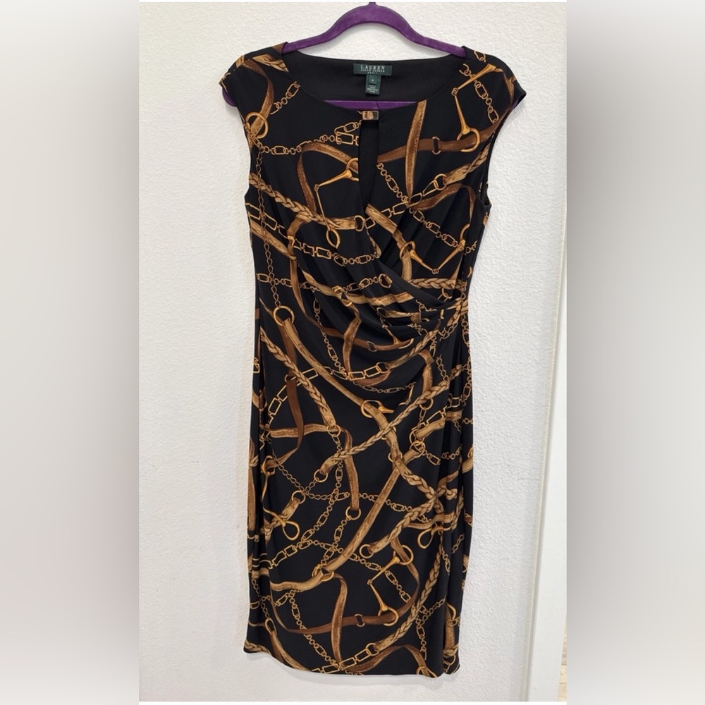 LAUREN RALPH LAUREN DRESS EQUESTRIAN HORSEBIT  PRINT SLEEVELESS MIDI DRESS.